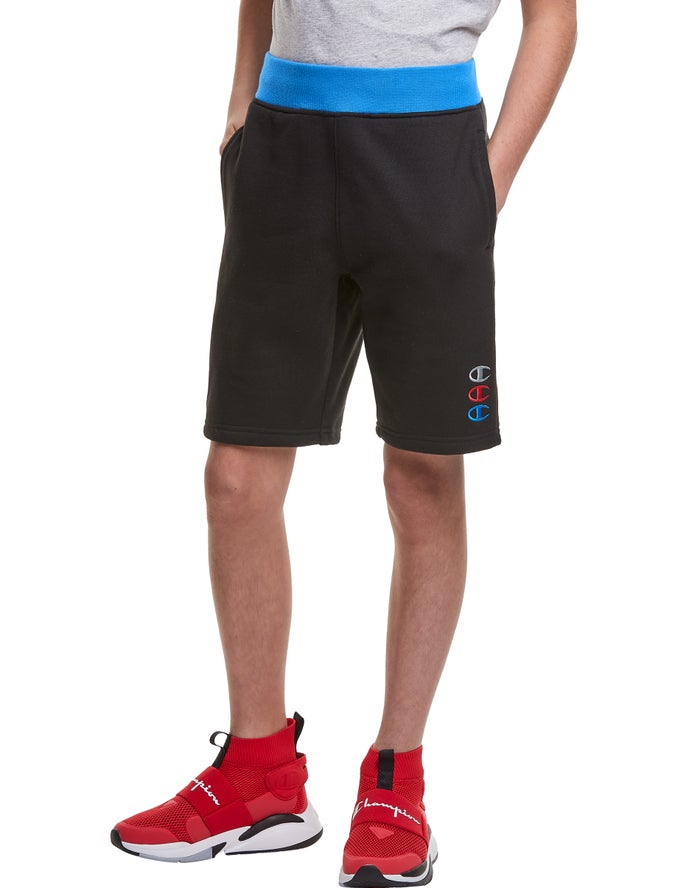 Champion Boys Shorts NZ - Reverse Weave Fleece Triple Stacked Logos Black ( 0824-SJTLC )